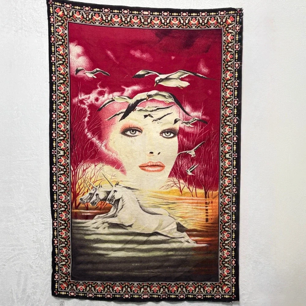 VTG 90s Surreal Surrealism Face Unicorn Seagull Tapestry Wall Hanging Fantasy